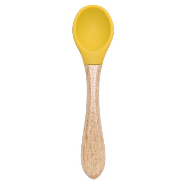 Thìa ăn dặm - muỗng silicon Cán Gỗ cho bé yêu