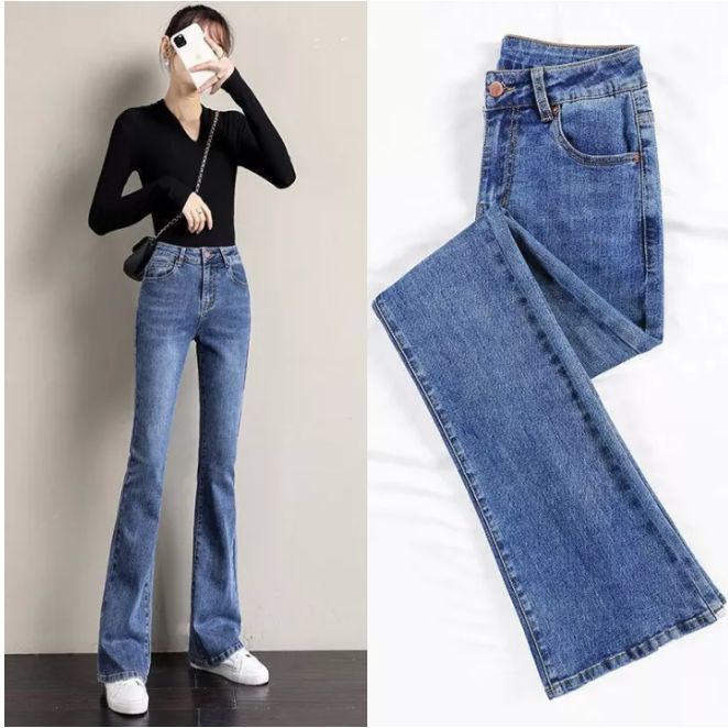 Quần jean nữ loe lưng cao màu xanh lam vải denim co giãn đông phương fashion
