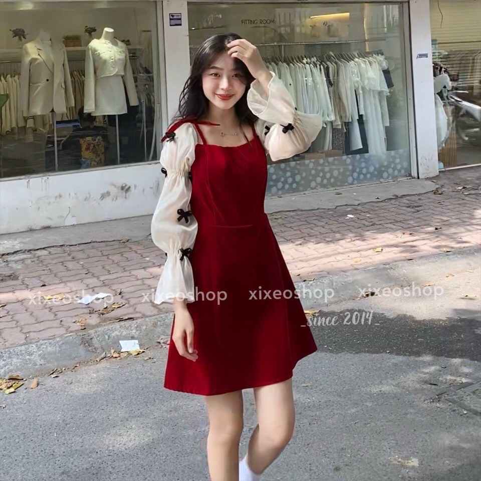 Váy đầm nữ nhung đính nơ cực kỳ đẹp