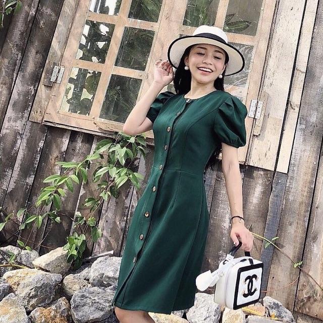 [HCM]Đầm xanh lính tay phồng (kèm hình thật)