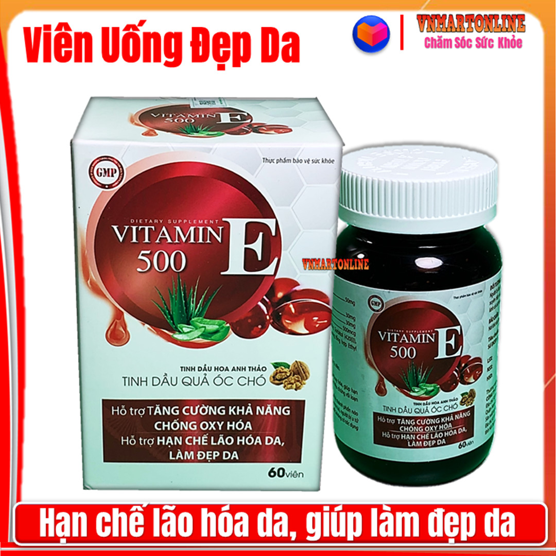 Viên uống đẹp da vitamin E 500- Thành Phần Tinh Dầu Quả Óc Chó Hoa Anh Thảo Giúp Đẹp Da Mờ Nám Cân Bằng Nội Tiết Tố- Lọ 60 viên