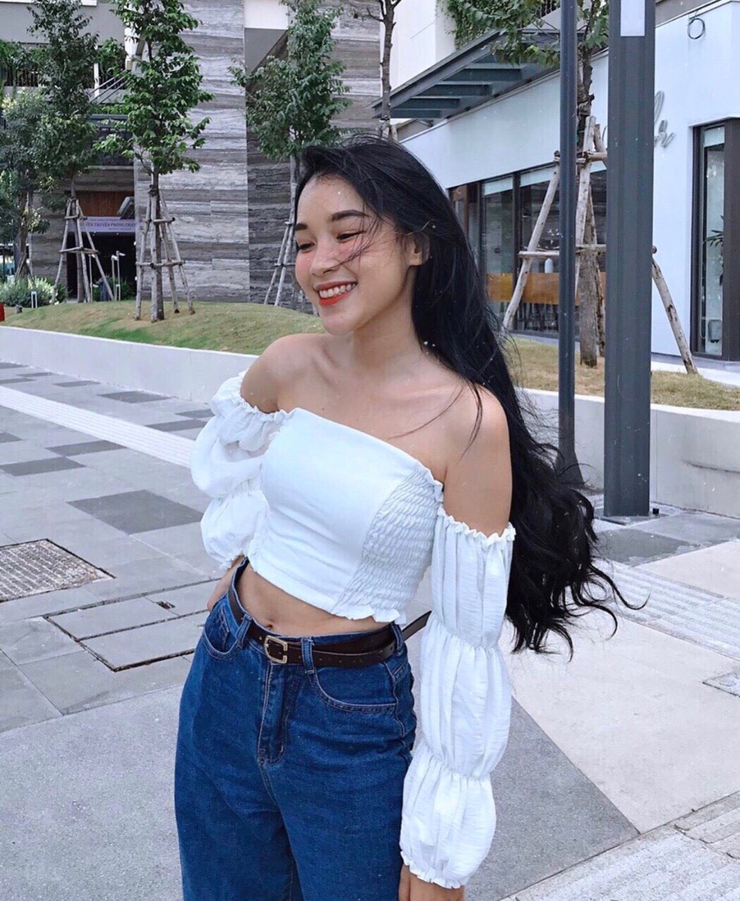 Áo voan nhún 2 bên hông croptop phối rớt tay xinh xắn TTSLA0107