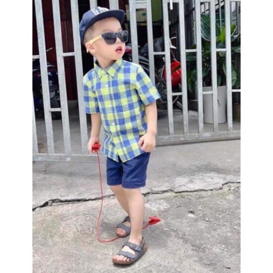 Sét bộ áo sơ mi trắng / sọc caro và quần đũi cho bé trai/ gái 7-18kg