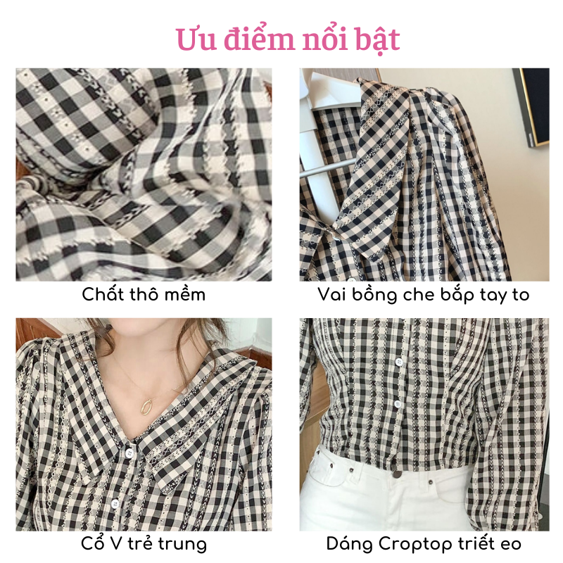 Áo sơ mi nữ croptop cổ bẻ dài tay bồng kẻ caro dáng ngắn lửng chất thô mềm màu đen phong cách hàn quốc trẻ trung ASM11