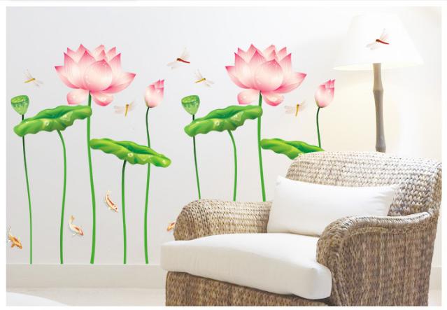 Decal trang trí tường - Sen Hồng mỏng và đán cá KOI nhỏ