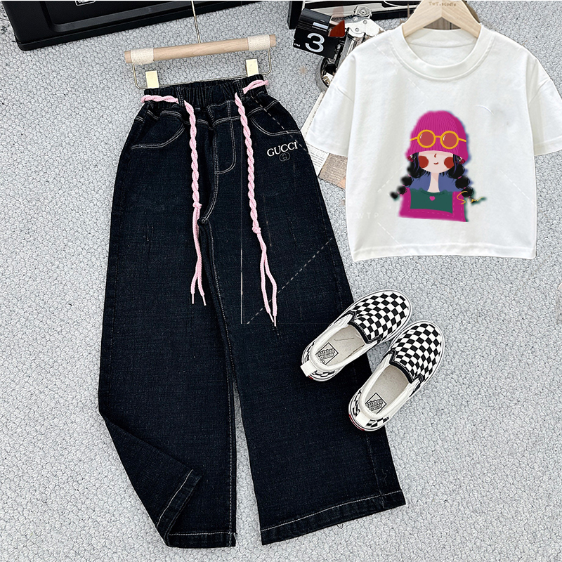 Bộ jean cho bé gái mặc tết 2024- gồm áo croptop kèm quần jean ống suông đẹp chất vải cao cấp quảng châu