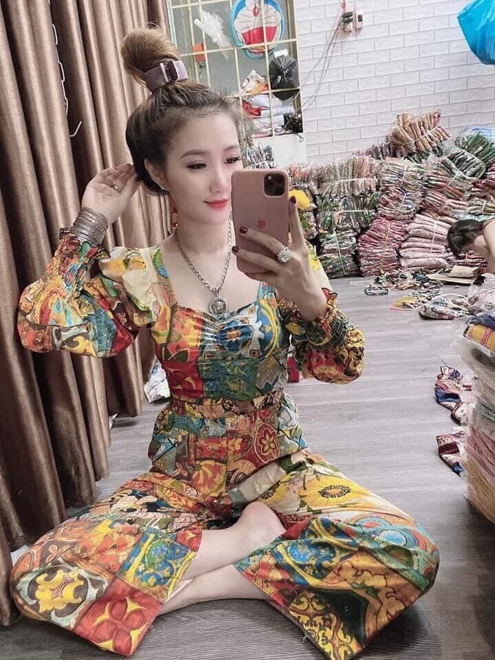 [HCM]Set bộ nữ thổ cẩm quần dài ống suông áo tay lỡ cổ vuông dây rút cực đẹp