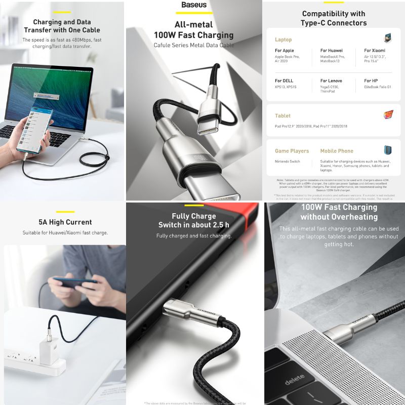 Cáp sạc siêu nhanh Baseus Cafule Series Metal Data Cable Type-C to Type-C (100W) CATJK