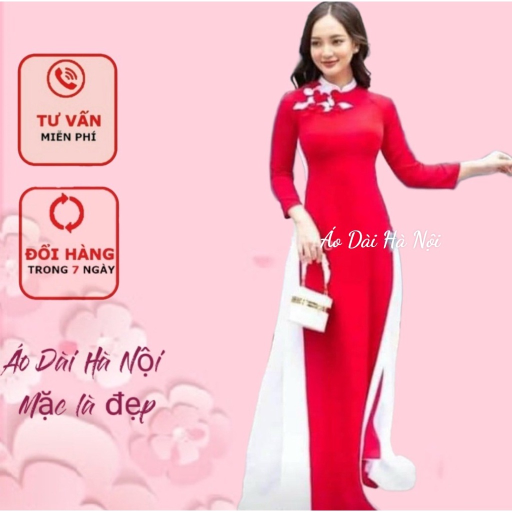 [giá xưởng} áo dài màu đỏ kết hoa 4 tà cách điệu - áo hà hà nội