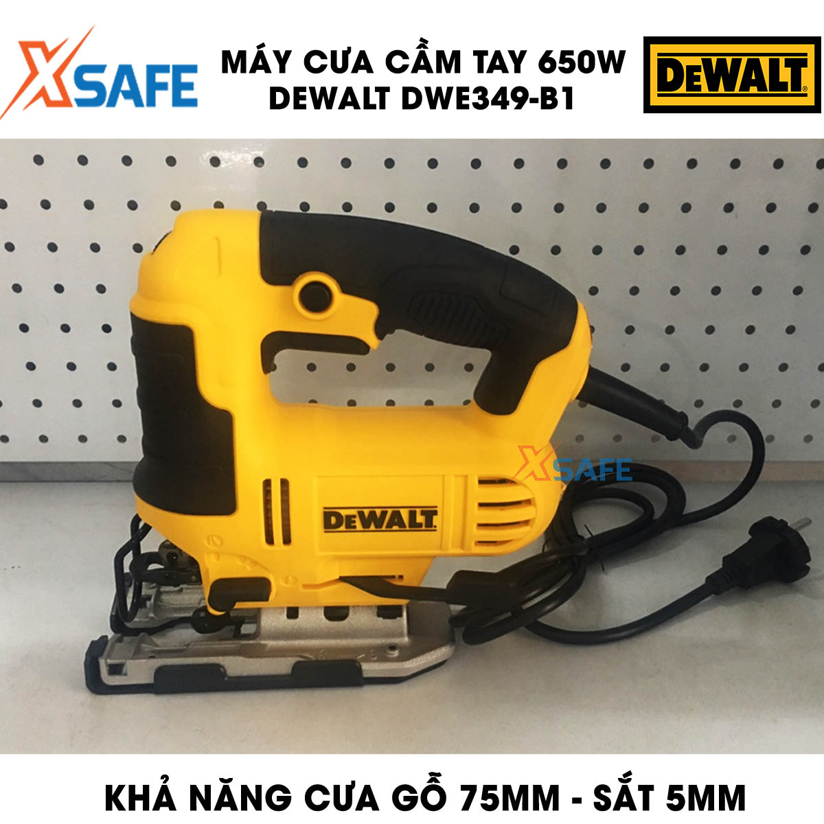 Sawing Machine handheld 650W DeWalt dwe349-b1 multi speed level. Machine saw DeWalt equipped with LED light support, smart design right compartment contains blade, ability to saw wood 75mm iron 5mm, genuine warranty 3 years-product genuine XSAFE