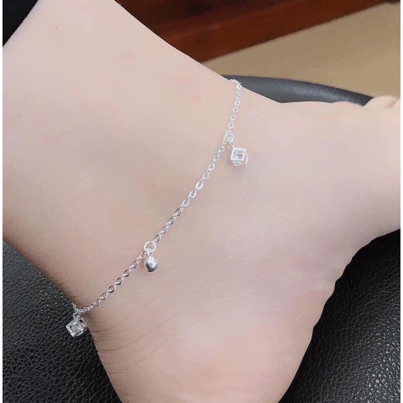 Lắc chân nữ bạc thật treo mix chuông, đá vuông trẻ trung , Trang sức bạc QMJ cam kết chất lượng, bảo hành trọn đời sản phẩm