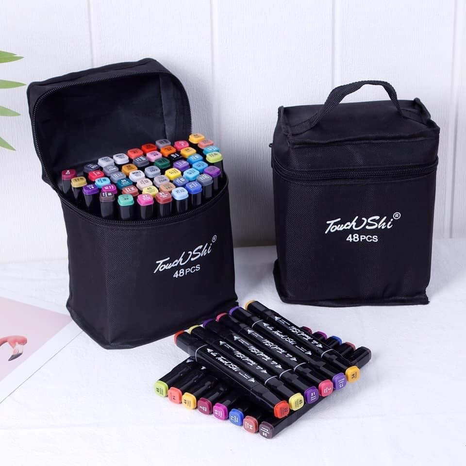 Bộ bút dạ 2 đầu 48 cây cao cấp kèm túi đựng Marker / Set bút màu cho bé đủ 48 gam màu, cho bé thỏa sức sáng tạo, dân văn phòng, họa sĩ ...