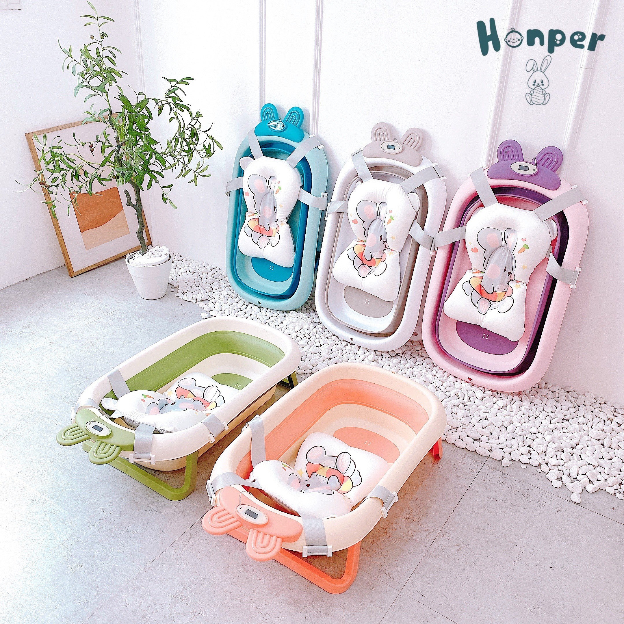 Chậu tắm nhiệt kế HONPER gấp gọn hình thỏ kèm phao