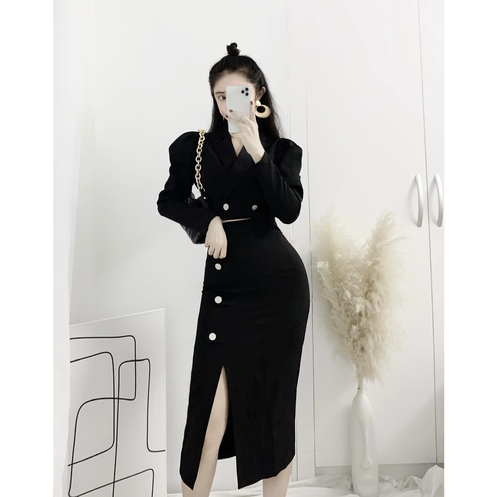 Set váy+ áo crotop cổ vest 2177