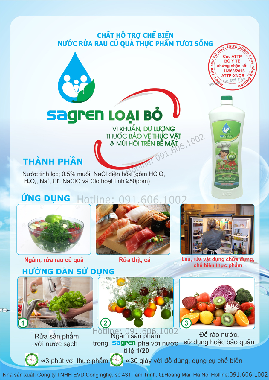 Combo 2 chai nước rửa rau quả Sagren, chai 1 lít