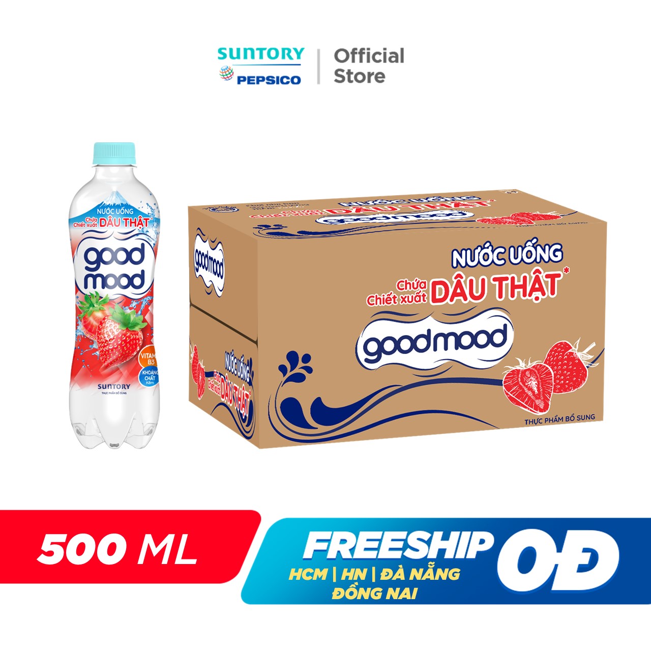 [SALE 15.7] Thùng 24 Chai Nước Uống Vị Dâu Goodmood (450ml/chai)