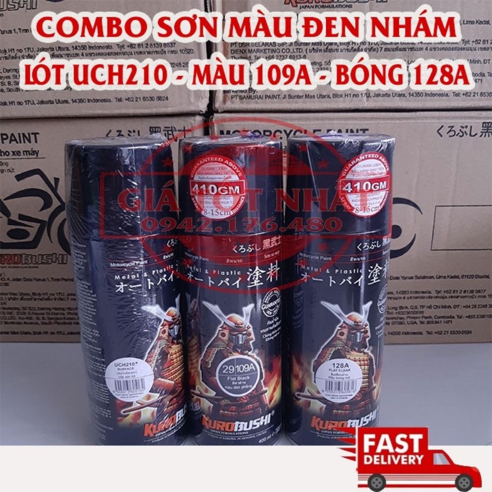 COMBO SƠN SAMURAI MÀU ĐEN NHÁM 3 BƯỚC UCH210 ĐEN 109A PHỦ NHÁM 128A