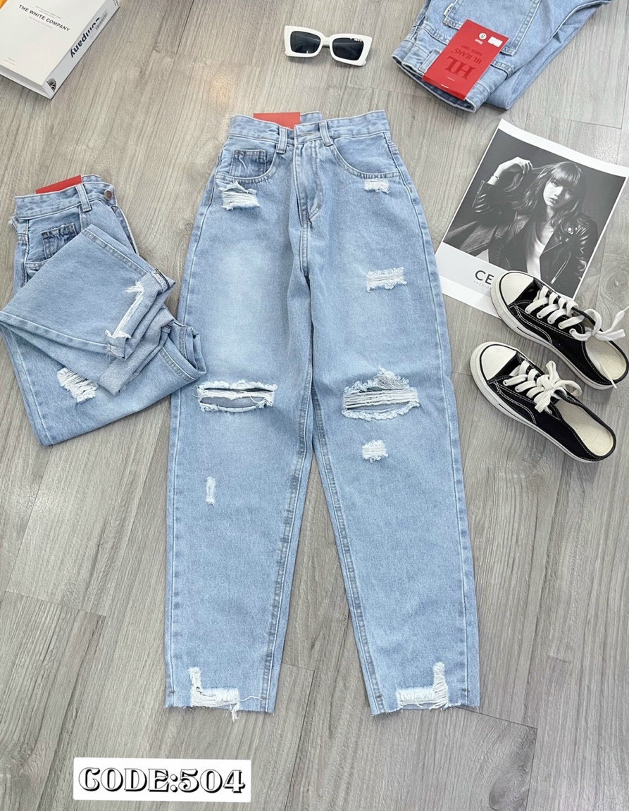 Quần jean baggy rách xước ngang lai cắt lưng cao màu xanh/xám chất dày mịn- TAMI JEANS SIÊU HOT HIT