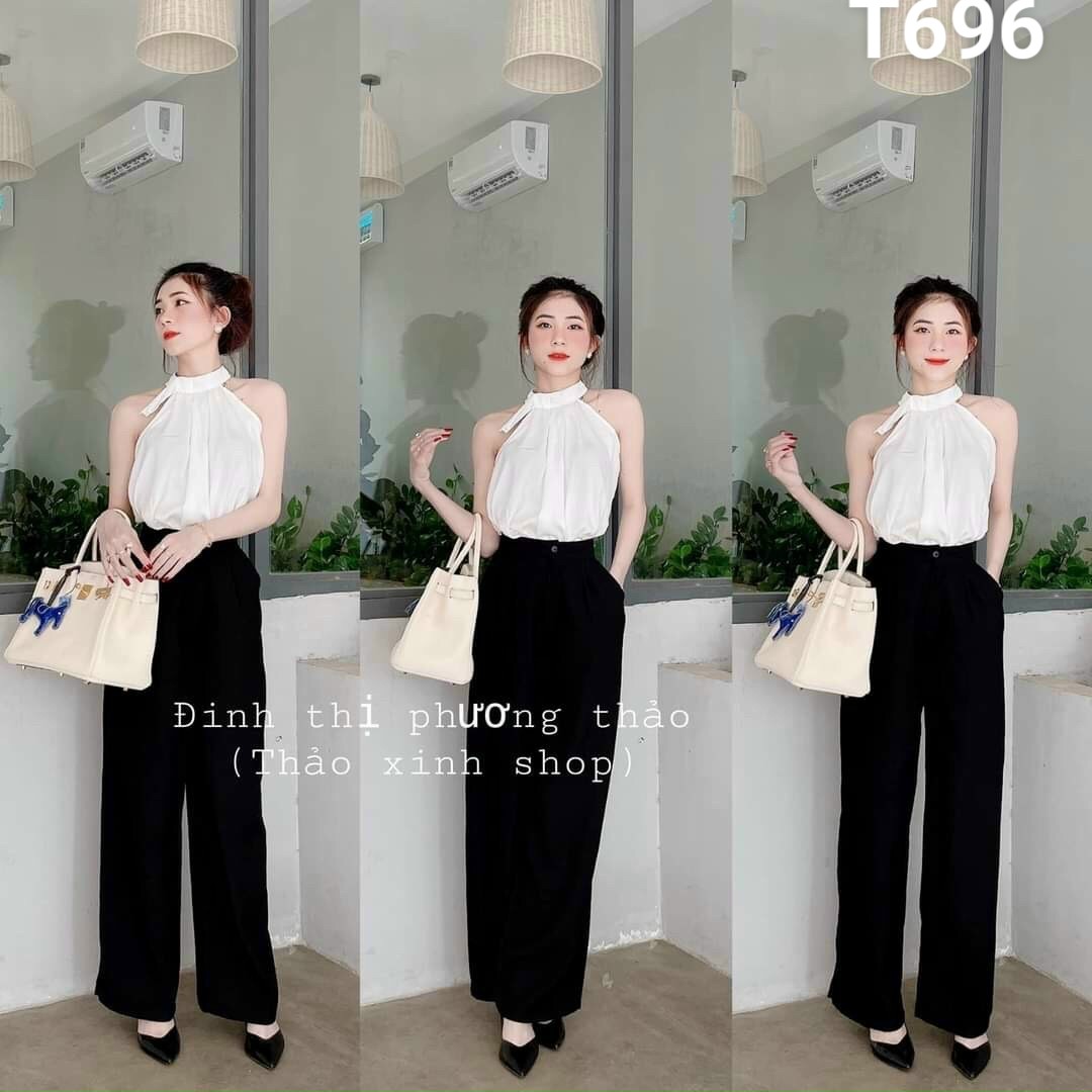 Set áo cổ yếm vải kate quần lụa cao cấp T696