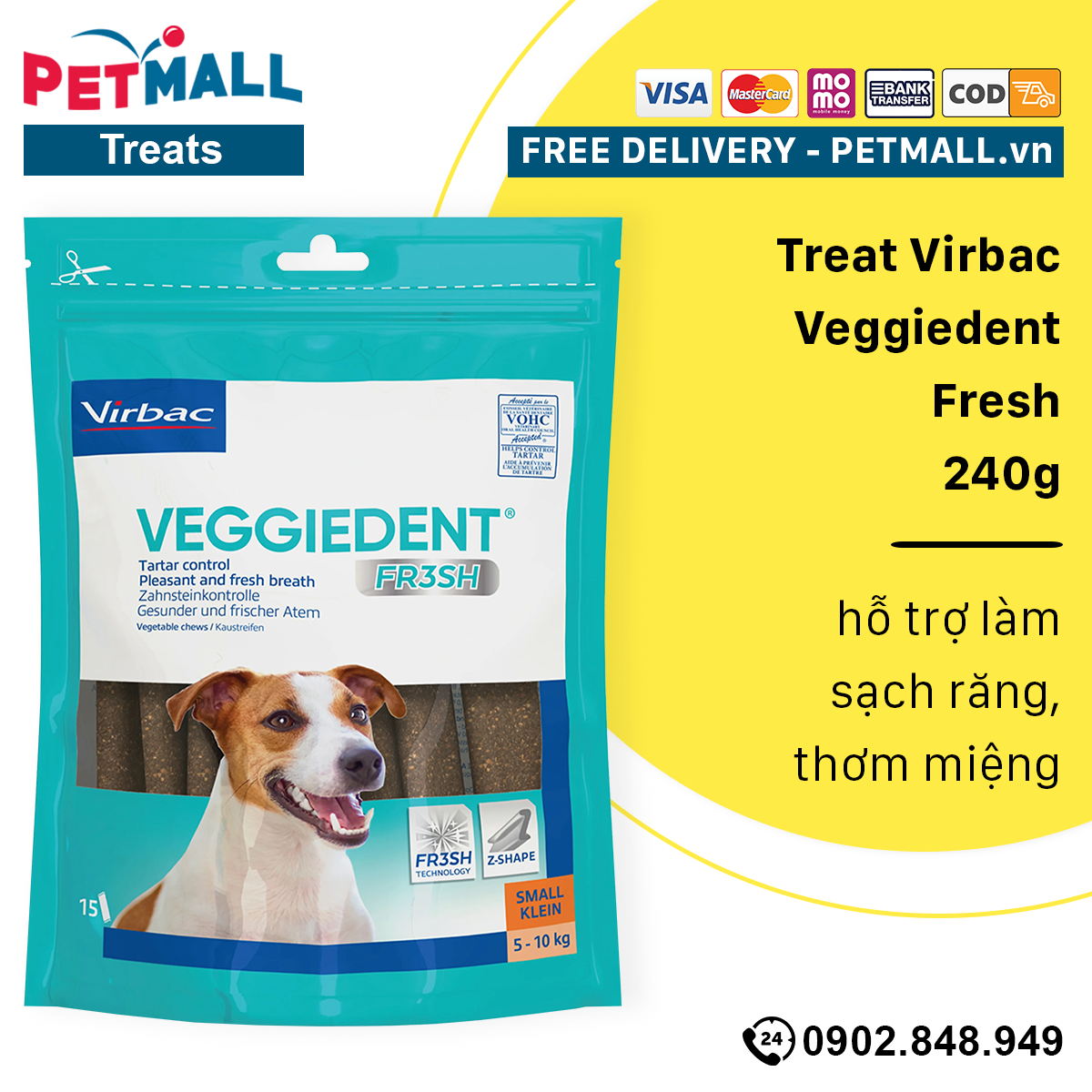 HCMTreat Virbac Veggiedent Fresh 240g - hỗ trợ làm sạch răng thơm miệng