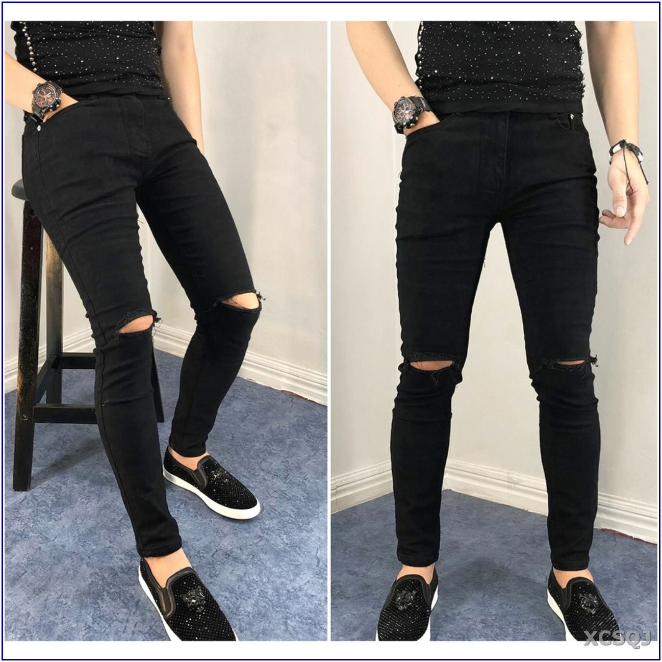 Quần jean nam cao cấp RÁCH GỐI MÀU ĐEN có size đại  không xù lông, không ra màu, chất giãn tốt v2-271
