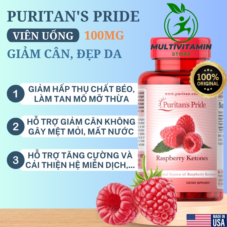 Multivitamin Store - Viên Uống Hỗ Trợ Giảm Cân, Đẹp Da Puritan’s Pride Raspberry Ketones 100mg 120 Viên