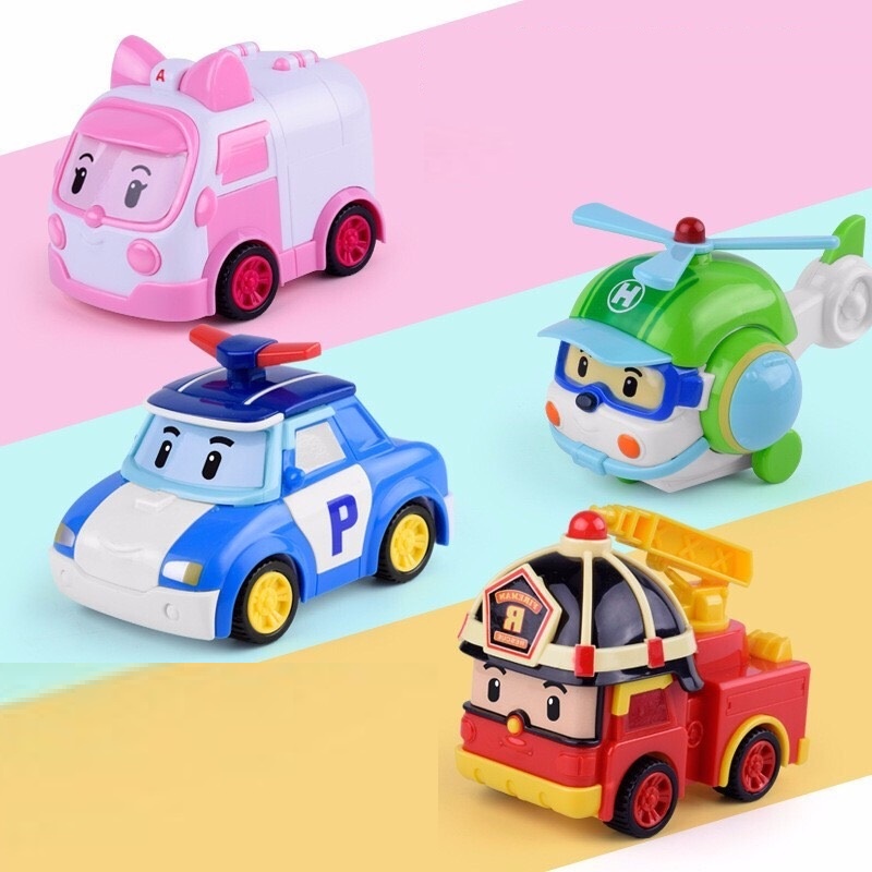 Set 4 Xe mô hình chạy đà Robocar Poli, xe công trình