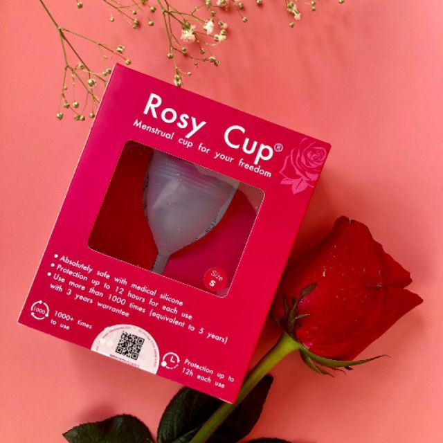 Cốc nguyệt san Rosy cup chuẩn Mỹ [ Tặng Cốc tiệt trùng, Gel rửa, 10 Viên tiệt trùng, Túi vải ]