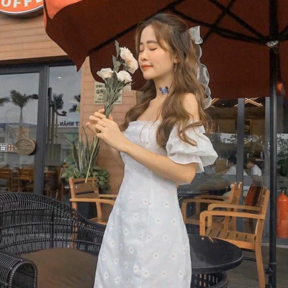 [HCM]đầm hoa cúc trắng cổ