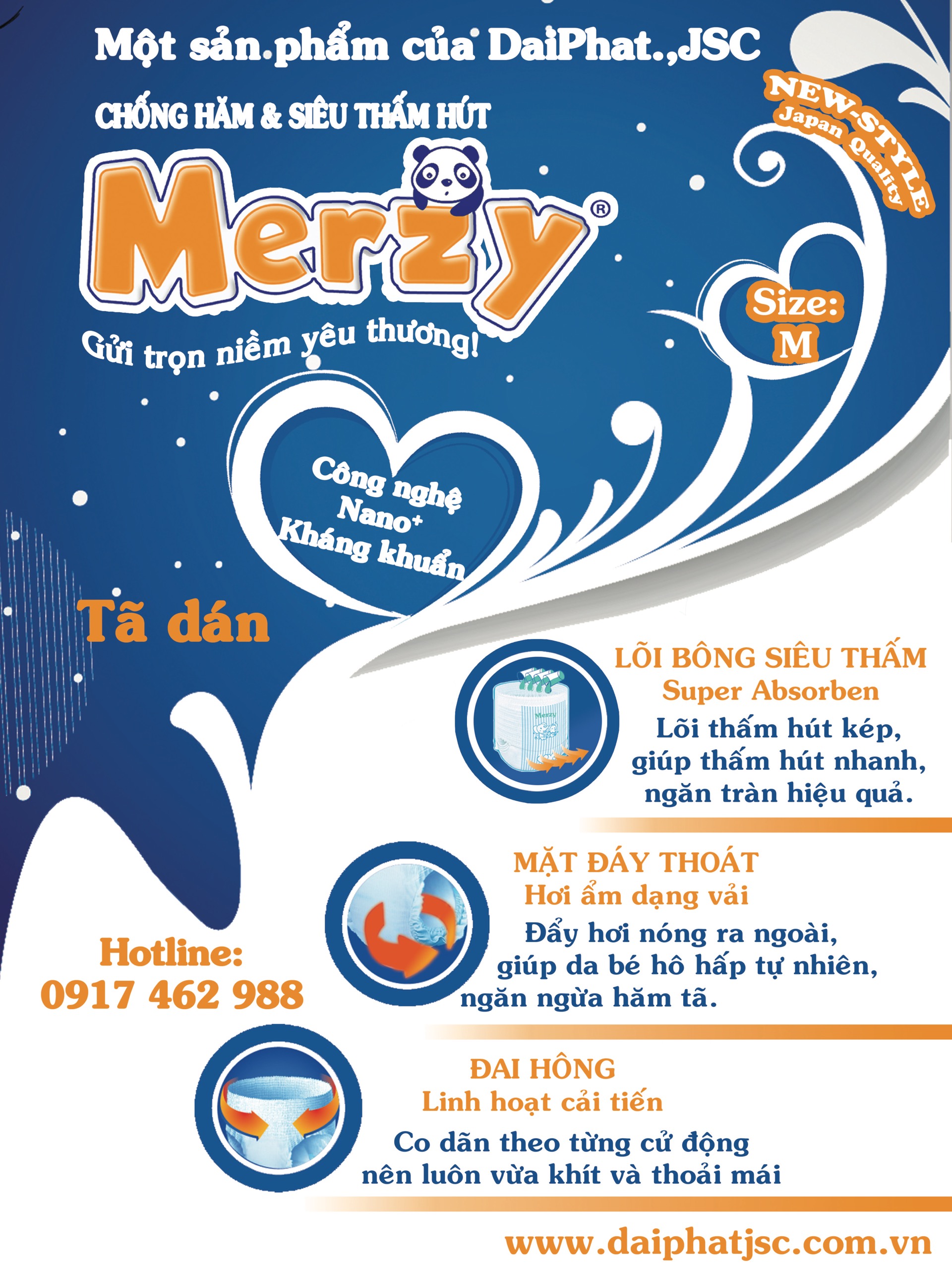 Miếng lót Newborn Merzy ( gói lớn 56 miếng cho bé từ sơ sinh tới 1tháng tuổi )