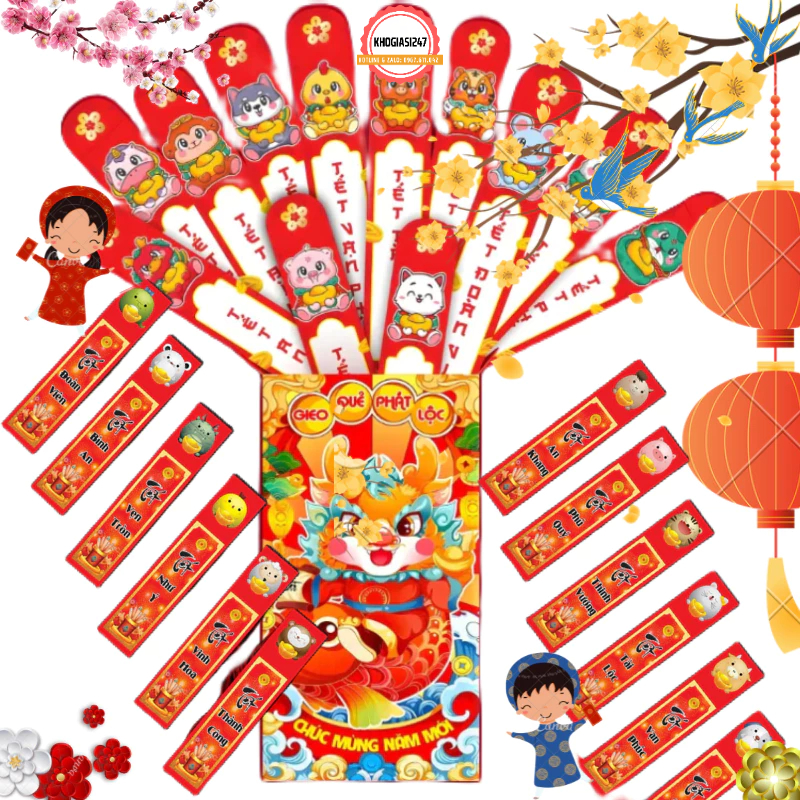 Set 12 bao lì xì gieo quẻ đầu năm kèm câu chúc siêu hot năm 2024 - gồm 1 hộp và 12 quẻ