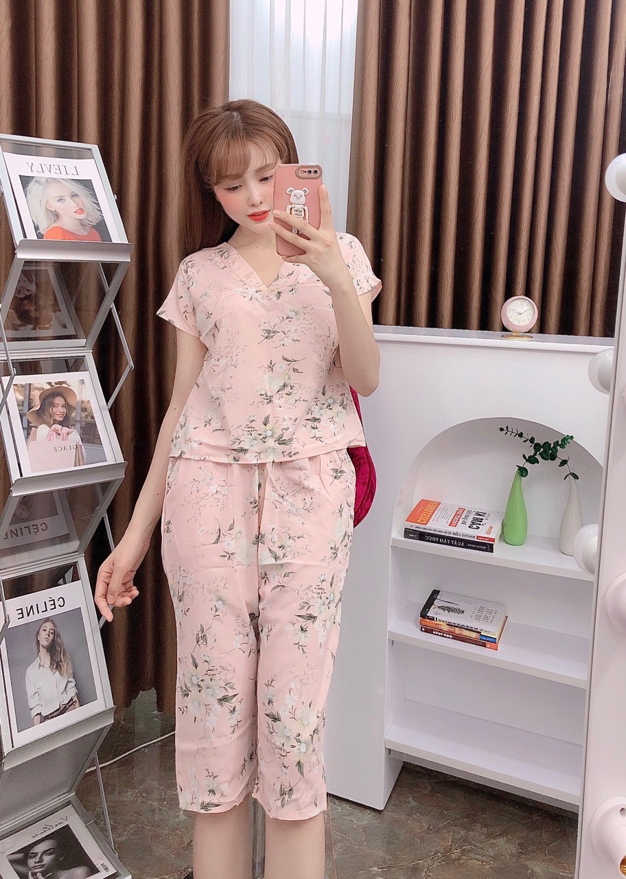Bộ lụa mango mặc nhà bộ lụa lửng mango cổ V mặc nhà