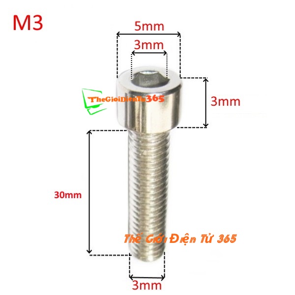 Bộ 10 ốc bu lông inox đầu trụ lục giác chìm M3