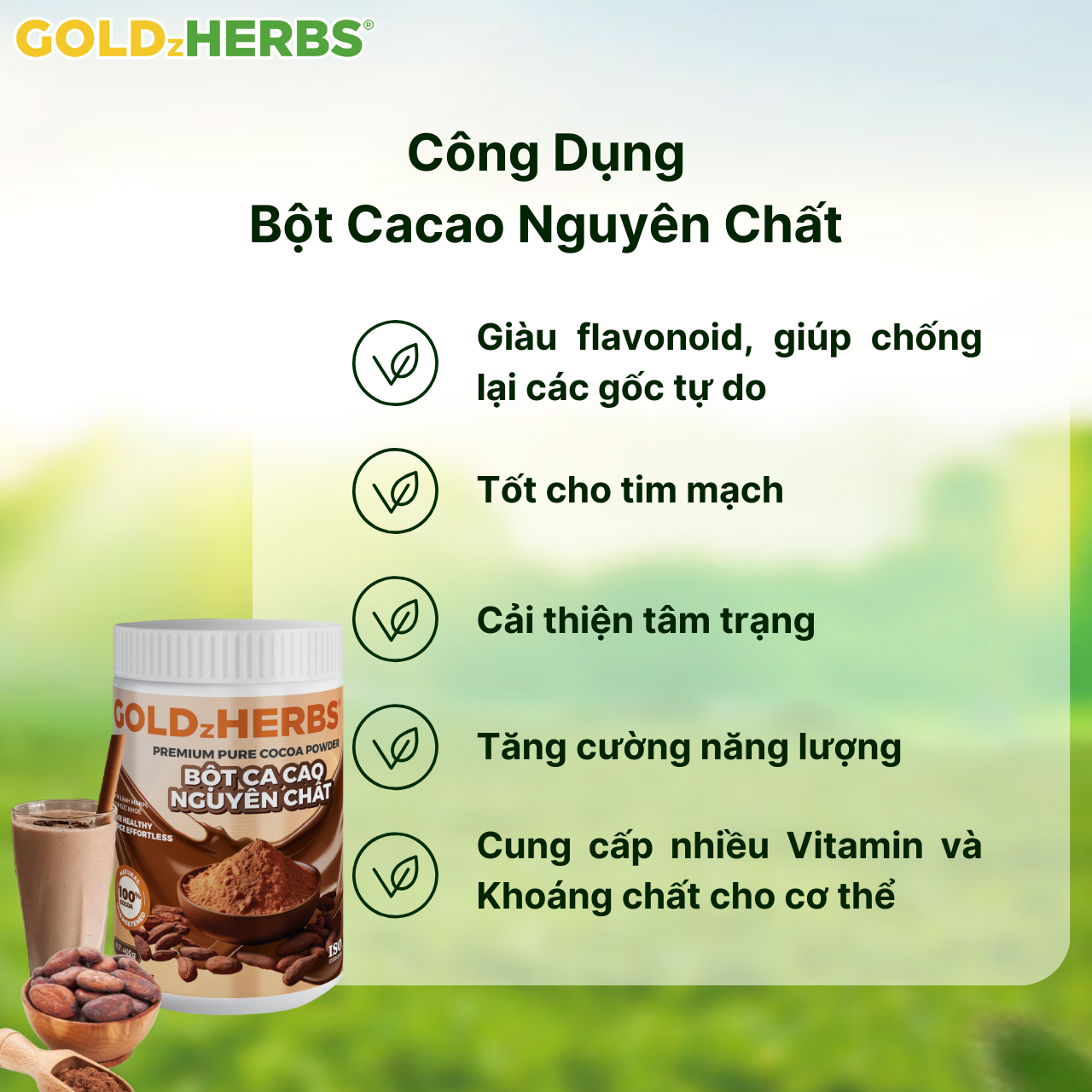 Bột cacao nguyên chất GoldzHerbs – 100% từ ca cao tự nhiên – Túi 500g