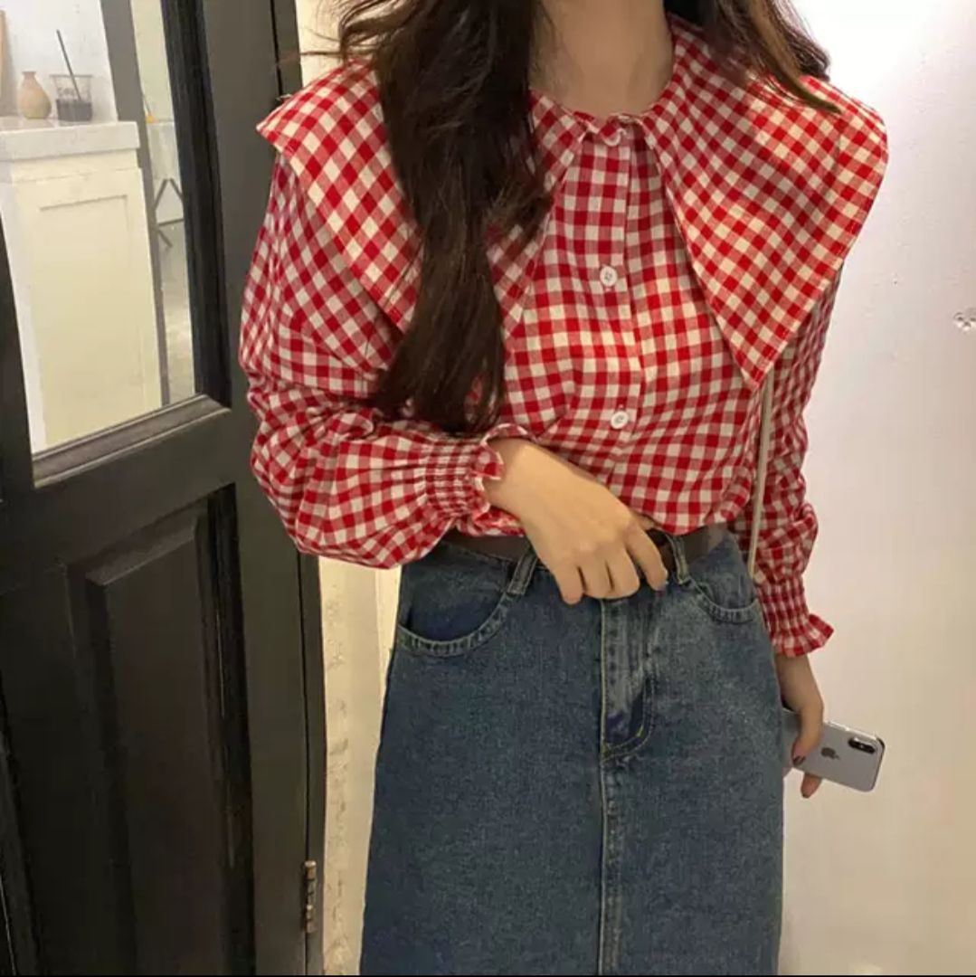 áo sơ mi kẻ caro cổ lá ảnh thật