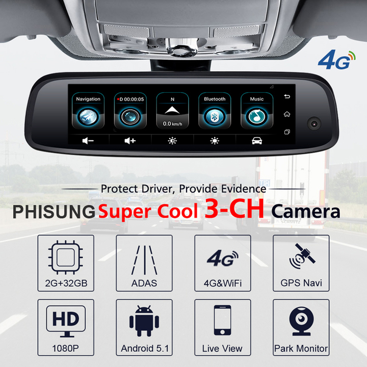 [Trả góp 0%] Camera hành trình gương cao cấp Phisung E09-3 tích hợp 3 camera