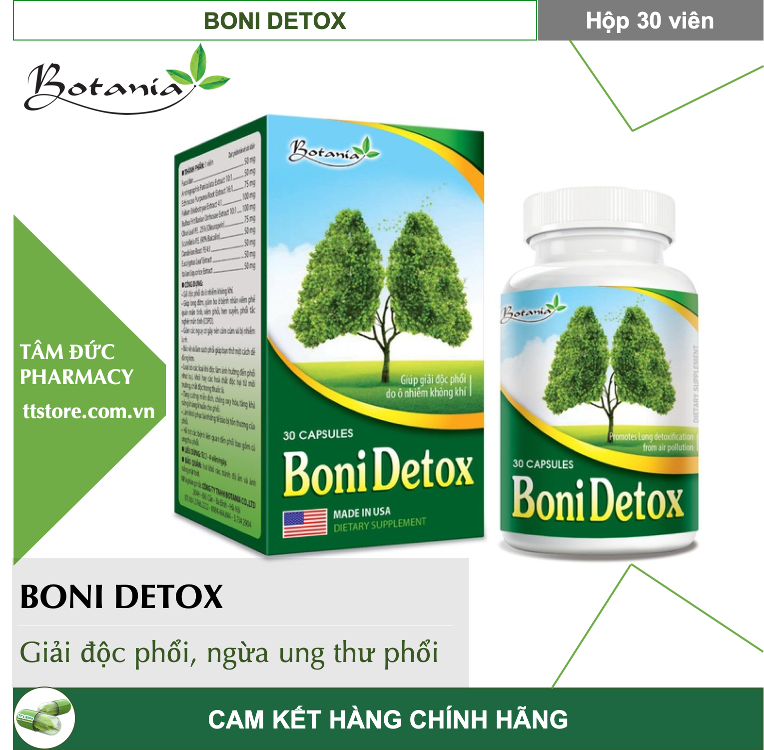 BONIDETOX Hộp 30 viên - Viên uống bổ phổi Botania Boni detox