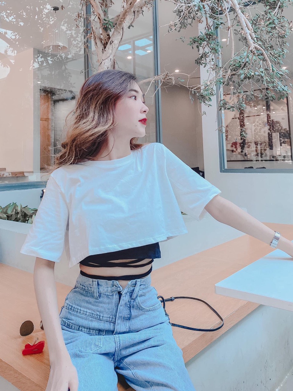 set áo kiểu áo croptop trơn mix cùng áo trong buộc dây eo tôn dáng, cá tính, phù hợp đi chơi đi dạo