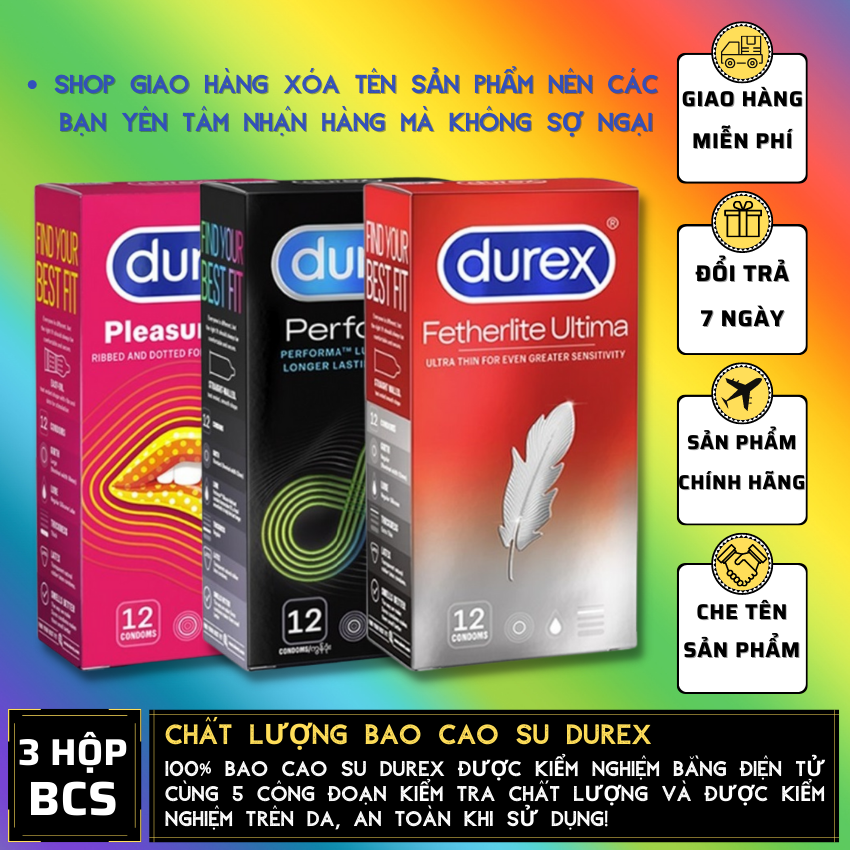 FREESHIP 03 Hộp Durex Pleasuremax gân gai + Performa kéo dài  + Fetherlite siêu mỏng [Che tên sản phẩm]