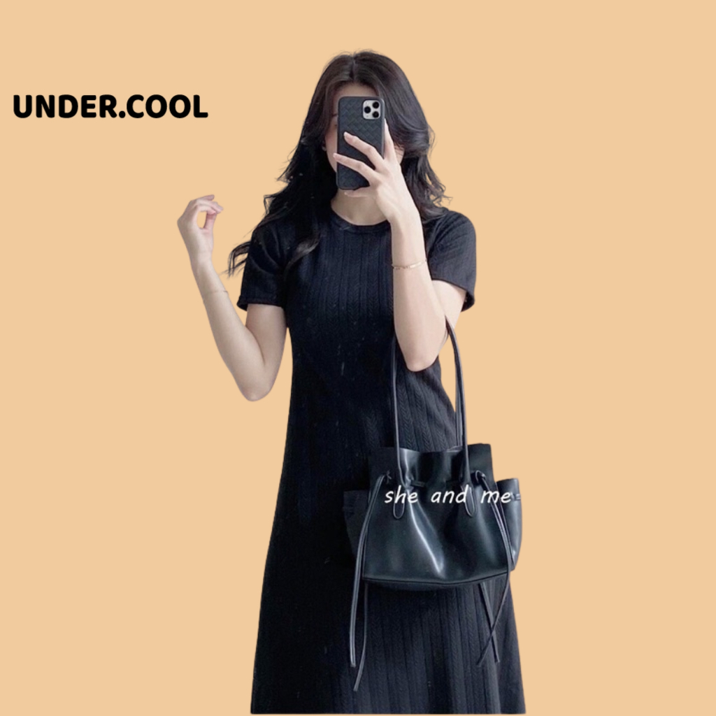 Đầm len body UNDERCOOL Midi Xương Cá Co Dãn Bốn Chiều Cổ Tròn Kiểu Dáng Basic