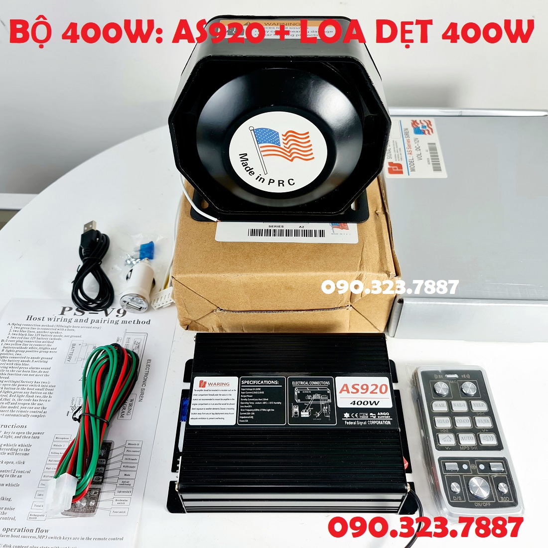 Bộ còi hú 400w: amply as920 + loa dùng cho xe cứu hộ, cứu thương, xe công trình., cứu hỏa.