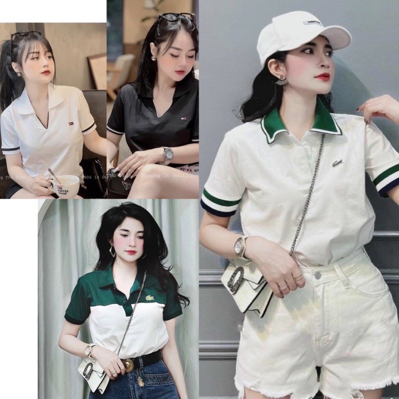 Áo phông nữ cổ bẻ phối tay phom thụng
