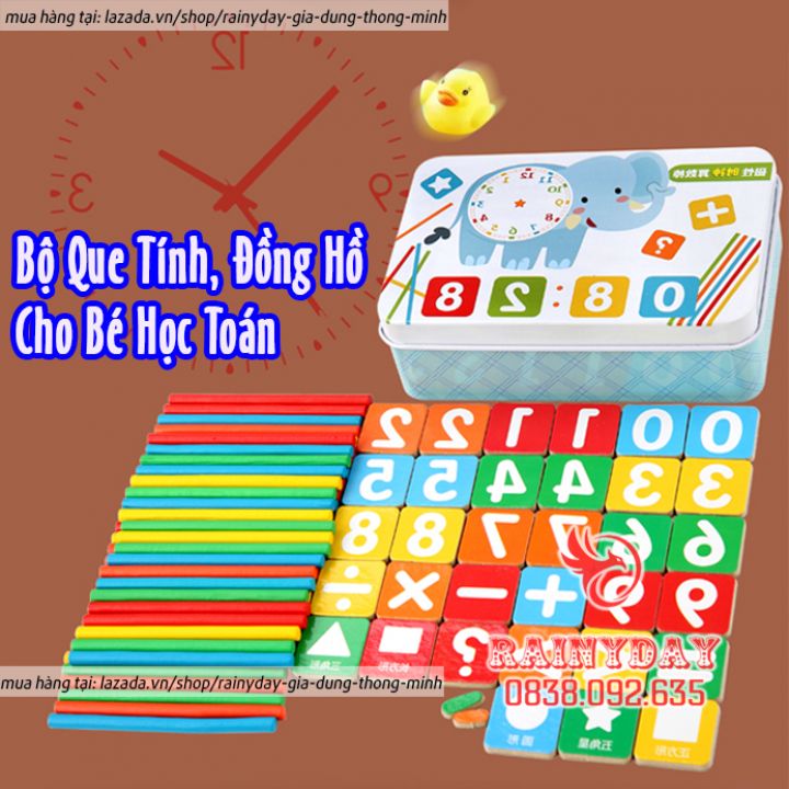 Bộ ghép số và que tính kèm dấu, đồng hồ cho bé mầm non lớp 1 học toán, tập tính nhẩm bằng gỗ