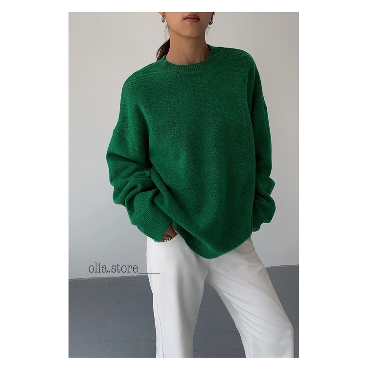 Áo Sweater Len Basic Trơn Màu Xanh Lá Olia
