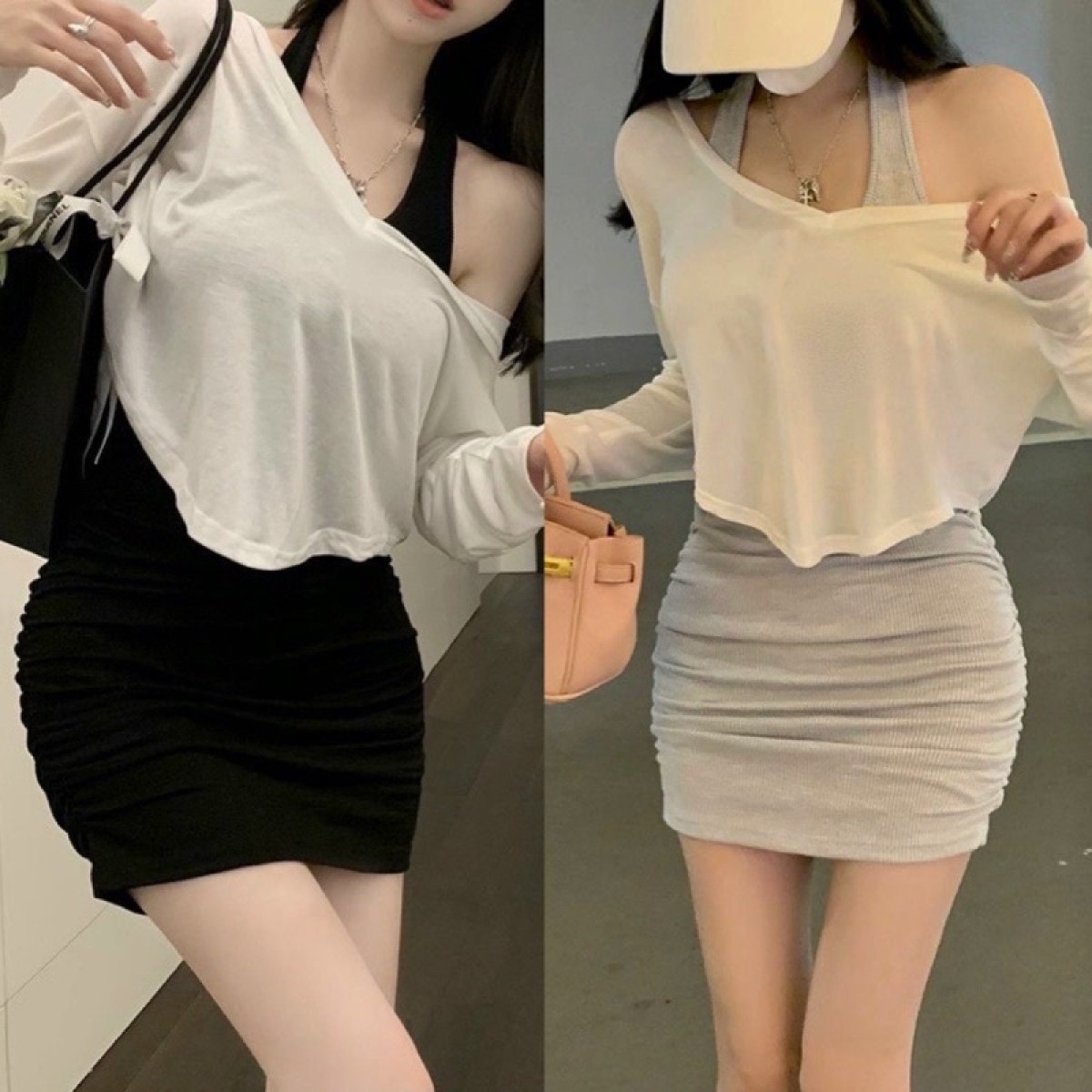 Sét đầm choàng cổ + áo khoác ngoài( áo khoác lụa + đầm gân)