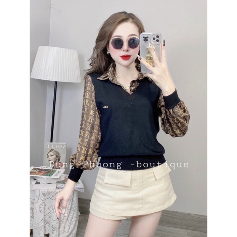 Áo Len Nữ Pha Cổ Sơ Mi Tay Lụa Phồng Ép Vân, Áo Nữ Thân Len Rile phối Tay Lụa