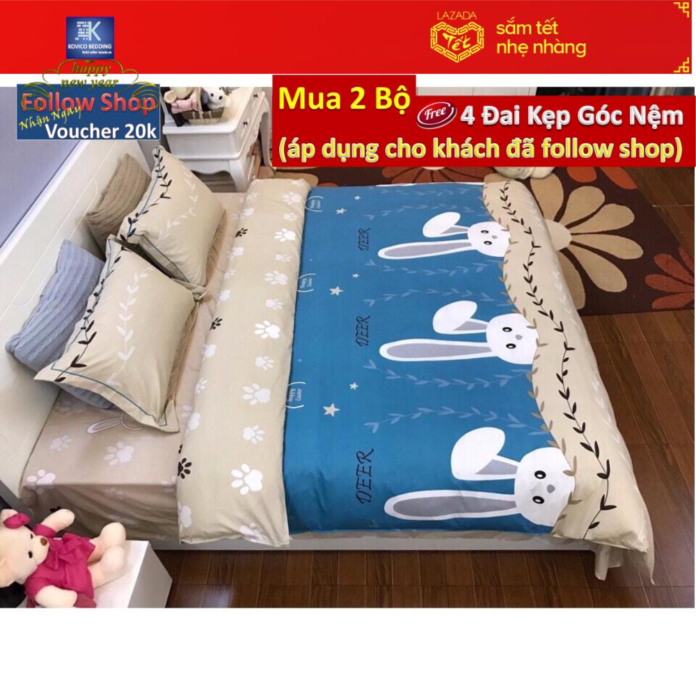 (FreeShip MAX) Bộ chăn ga gối poly Thỏ xanh 1m8x2m