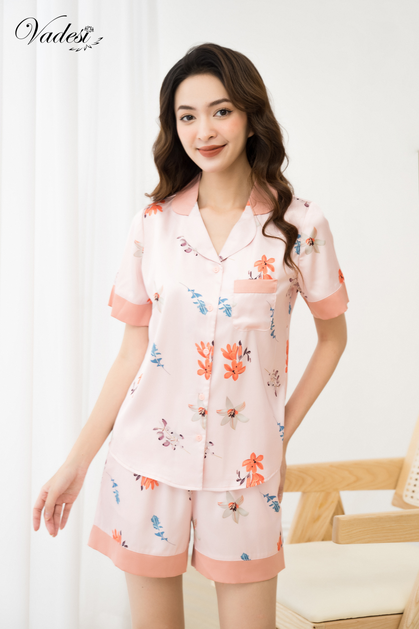 Đồ ngủ nữ pijama đùi ngắn lụa cao cấp mặc nhà mùa hè thoáng mát mềm mịn thấm hút – vadesi