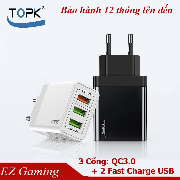 [HCM]Củ Sạc Nhanh TOPK QC 3.0 (Quick Charge 3.0) - 3 Cổng USB - Tiêu Chuẩn Châu Âu