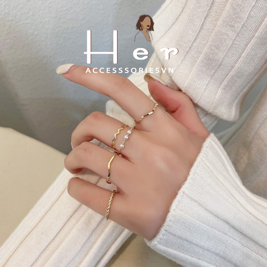 Bộ nhẫn nữ ngọc trai nhân tạo gợn sóng , Set nhẫn basic mạ bạc 925 cá tính Her Accessories N27